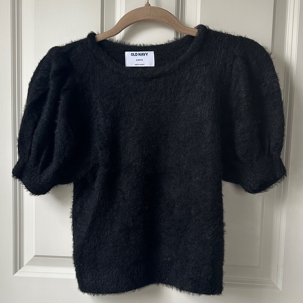 Old Navy Black Fuzzy Puff-Sleeve Crew Sweater